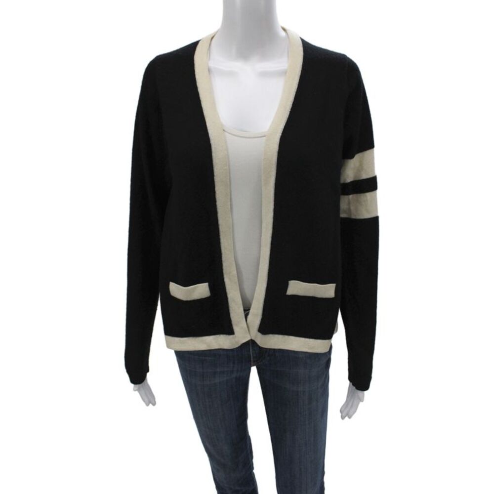 Minnie Rose Womens Black Striped Cashmere V Neck Cardigan Size M